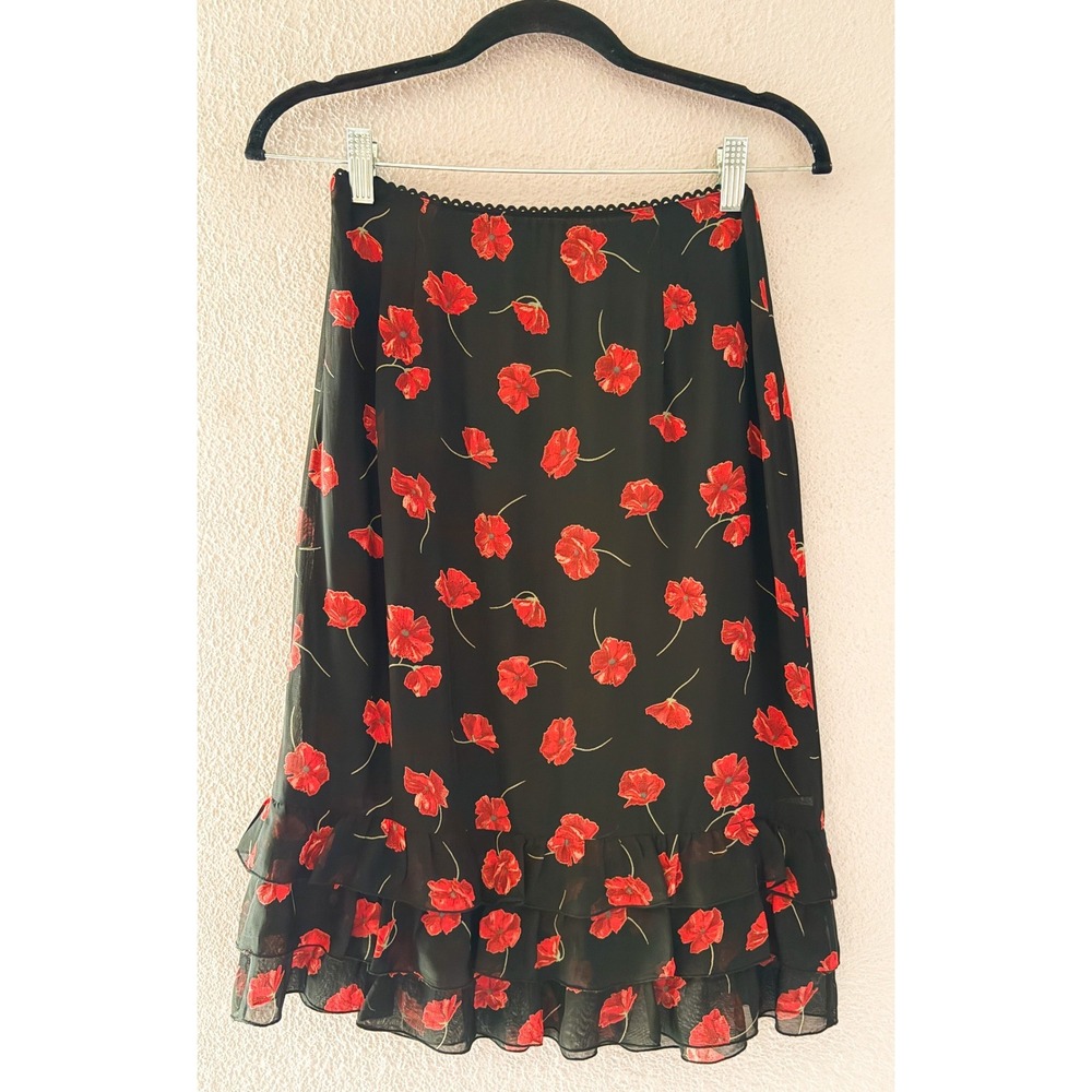 Alain Manoukian Black Red Floral Poppy Ruffle Hem Midi Skirt Y2K Romantic Sz 6 - Picture 3 of 3